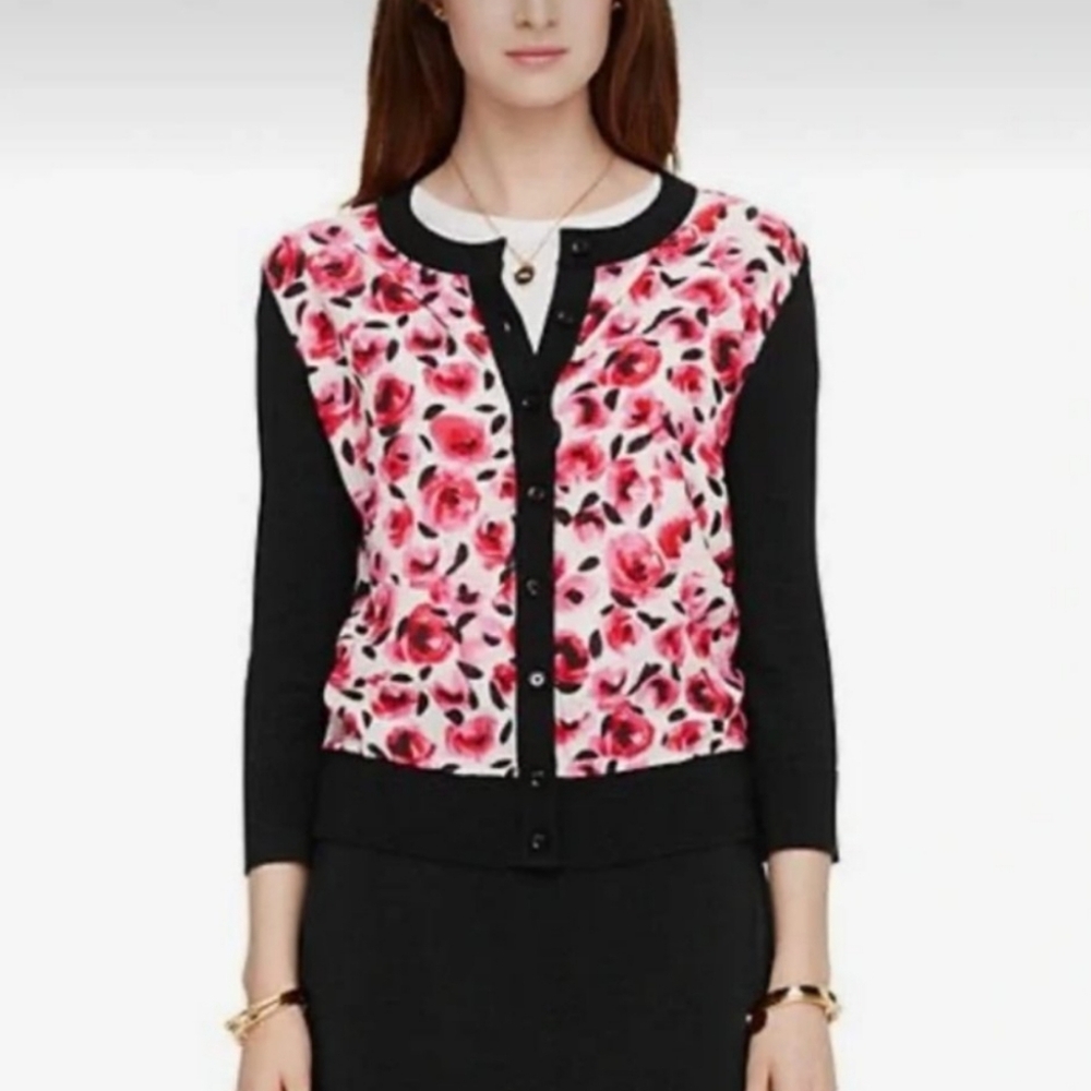 KATE SPADE Roses Floral Coquette Black Pink Cardigan Sweater 3/4 Sleeves XS